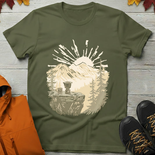 Morning Brew with a View – Sunrise Mountain Coffee T-Shirt