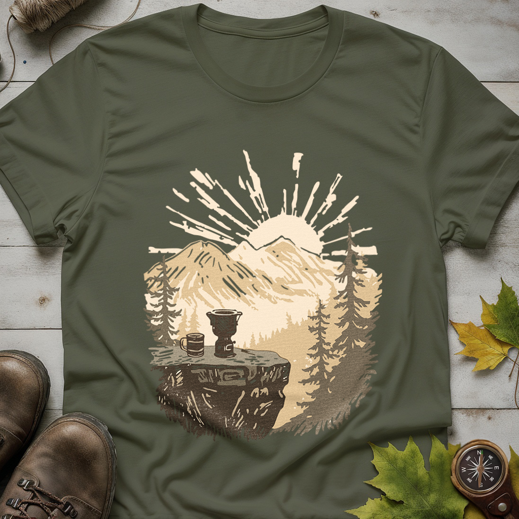 Morning Brew with a View – Sunrise Mountain Coffee T-Shirt