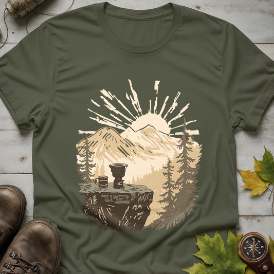 Morning Brew with a View – Sunrise Mountain Coffee T-Shirt