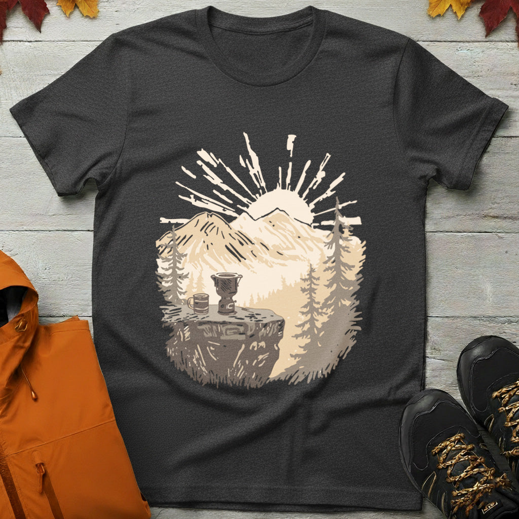 Morning Brew with a View – Sunrise Mountain Coffee T-Shirt