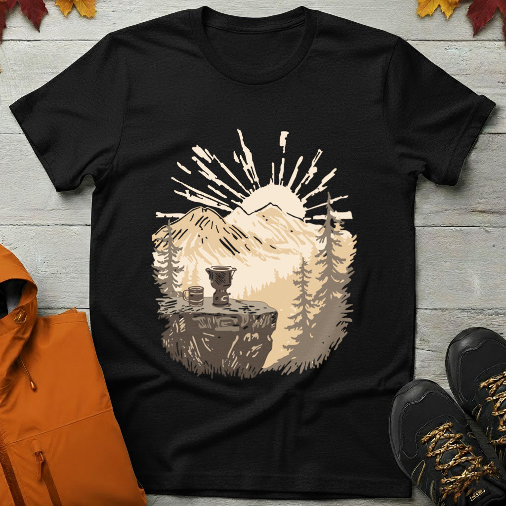 Morning Brew with a View – Sunrise Mountain Coffee T-Shirt